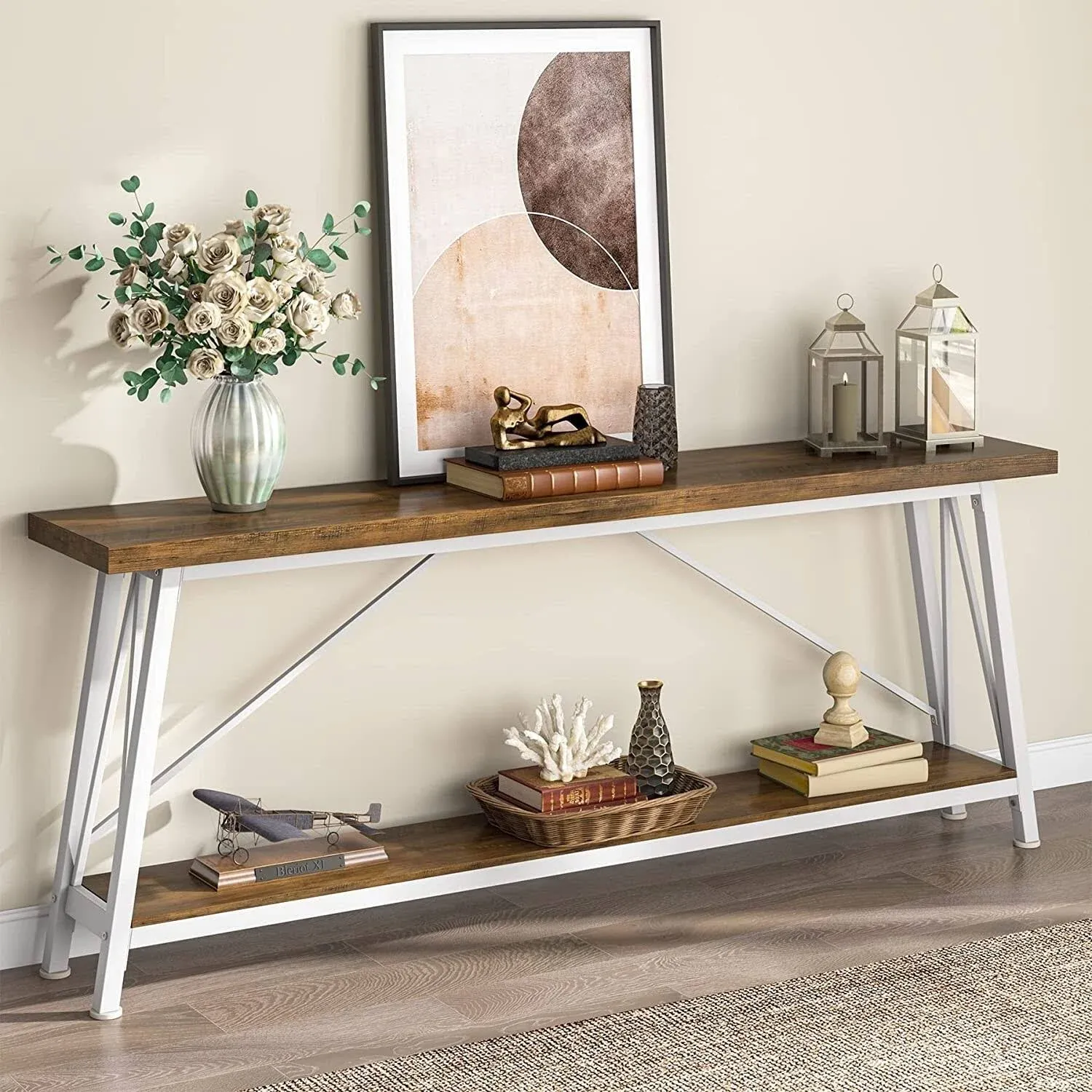 70.9 Inches Entry Console Table, Long Sofa Table - Light Brown & White