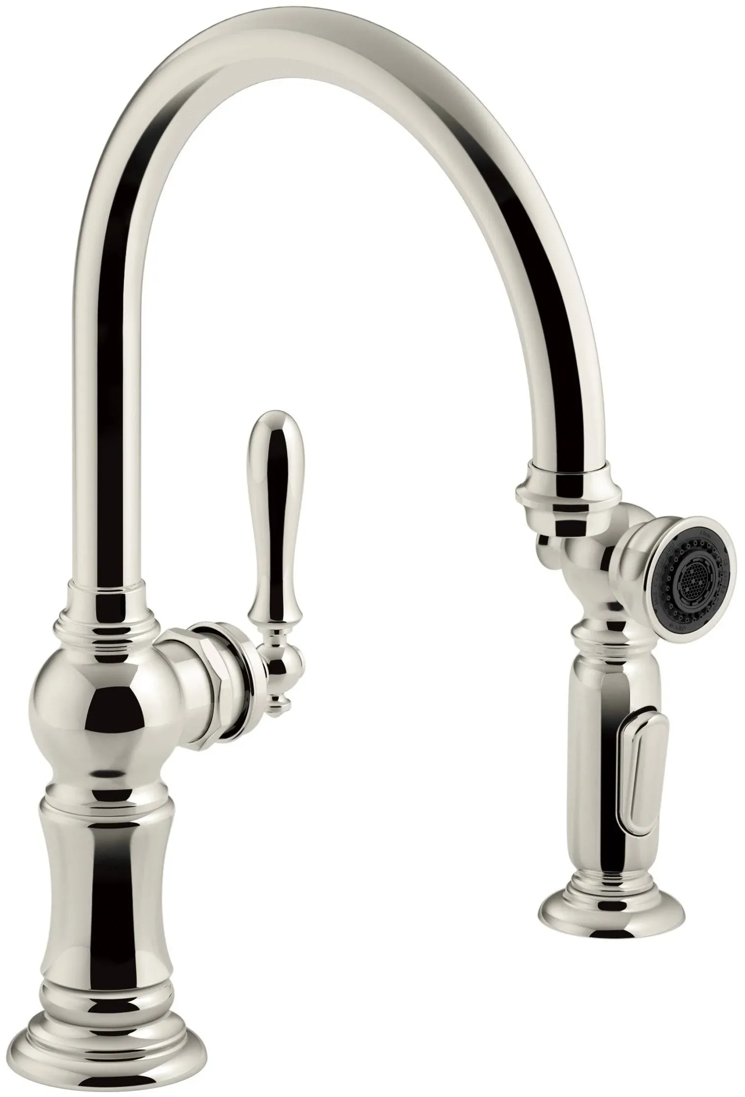 Kohler Artifacts 2 Hole Kitchen Sink Faucet With 14-11/16" Swing Spout and Matching Finish Two Function Side Spray With Sweep and Berrysoft Spray, Arc Spout Design- Vibrant Polished Nickel