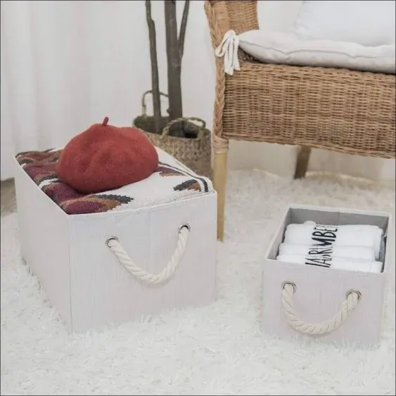 3-Pack Foldable Storage Bins with Cotton Rope Handles Ivory