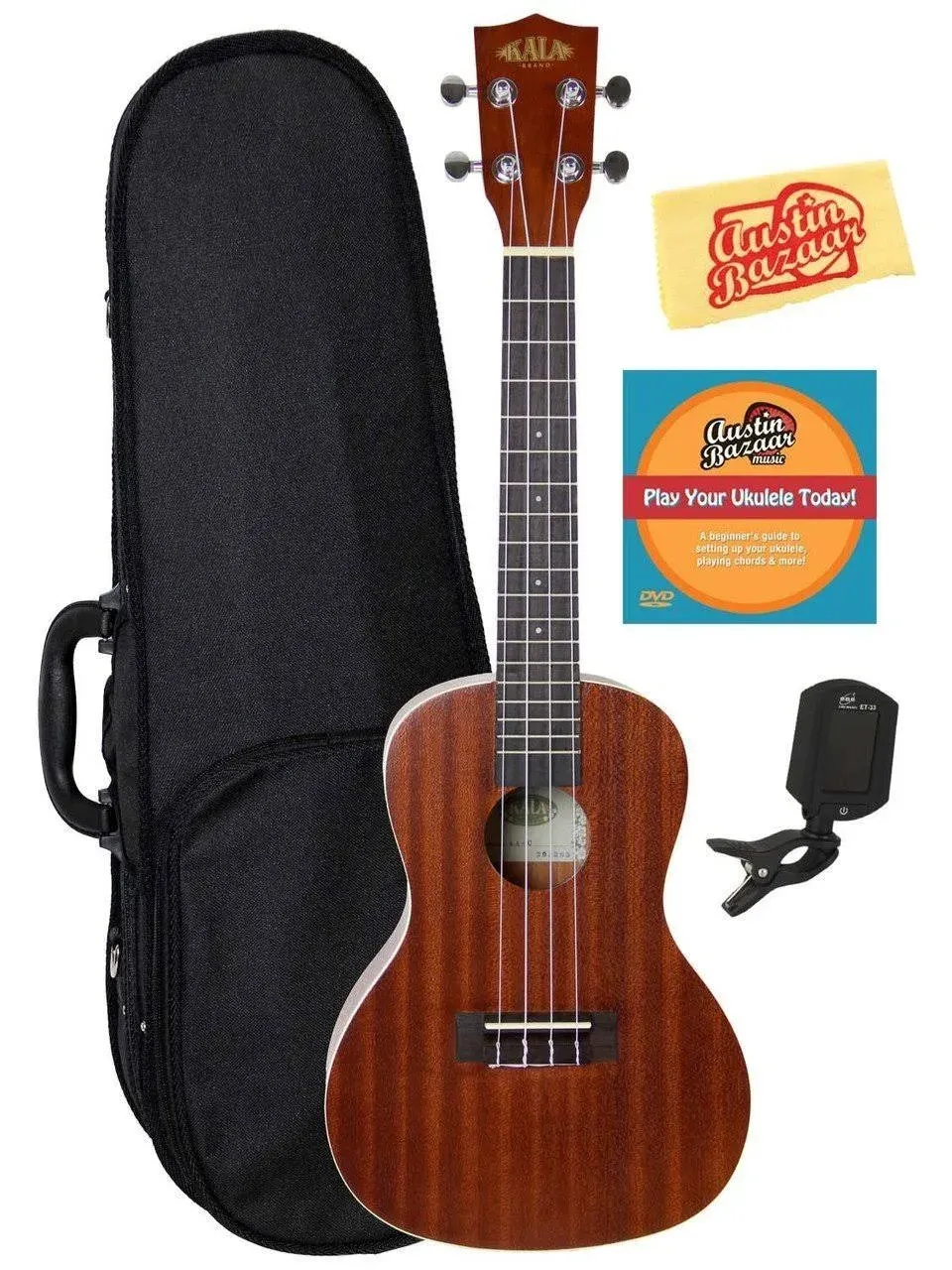 Kala KA-C Mahogany Concert Ukulele Bundle with Hard Case, Clip-On Tuner, Austin Bazaar Instructional DVD, and Polishing Cloth