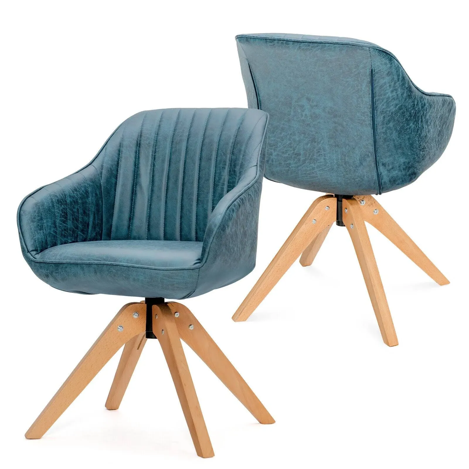 Modern Leathaire Set of 2 Swivel Accent Chair with Beech Wood Legs-Blue | Costway