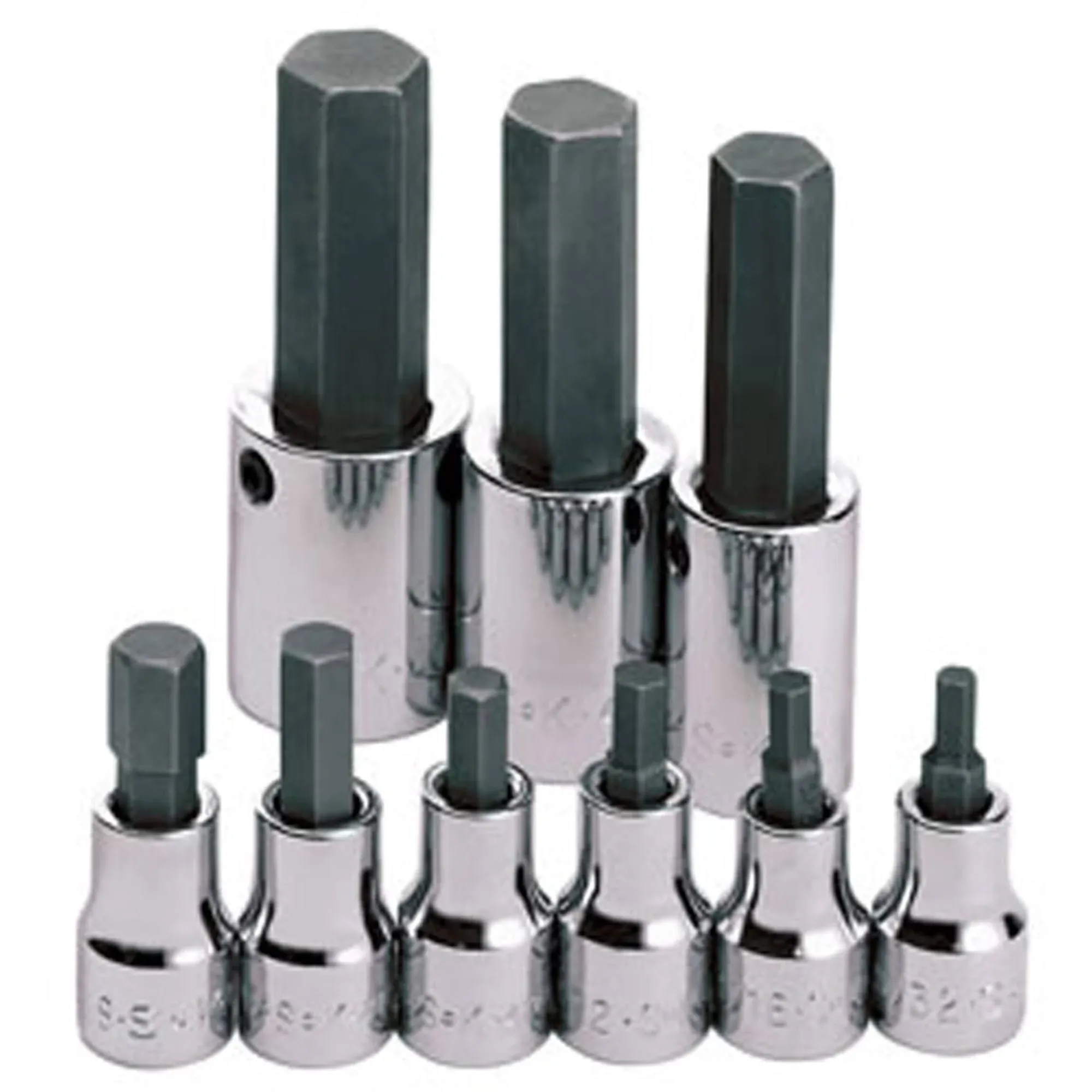 SK Tools USA 3/8 & 1/2" Drive, 9 Piece, Standard, SAE, Chrome Hex Bit Socket Set: 5/32" - 5/8" | 19733