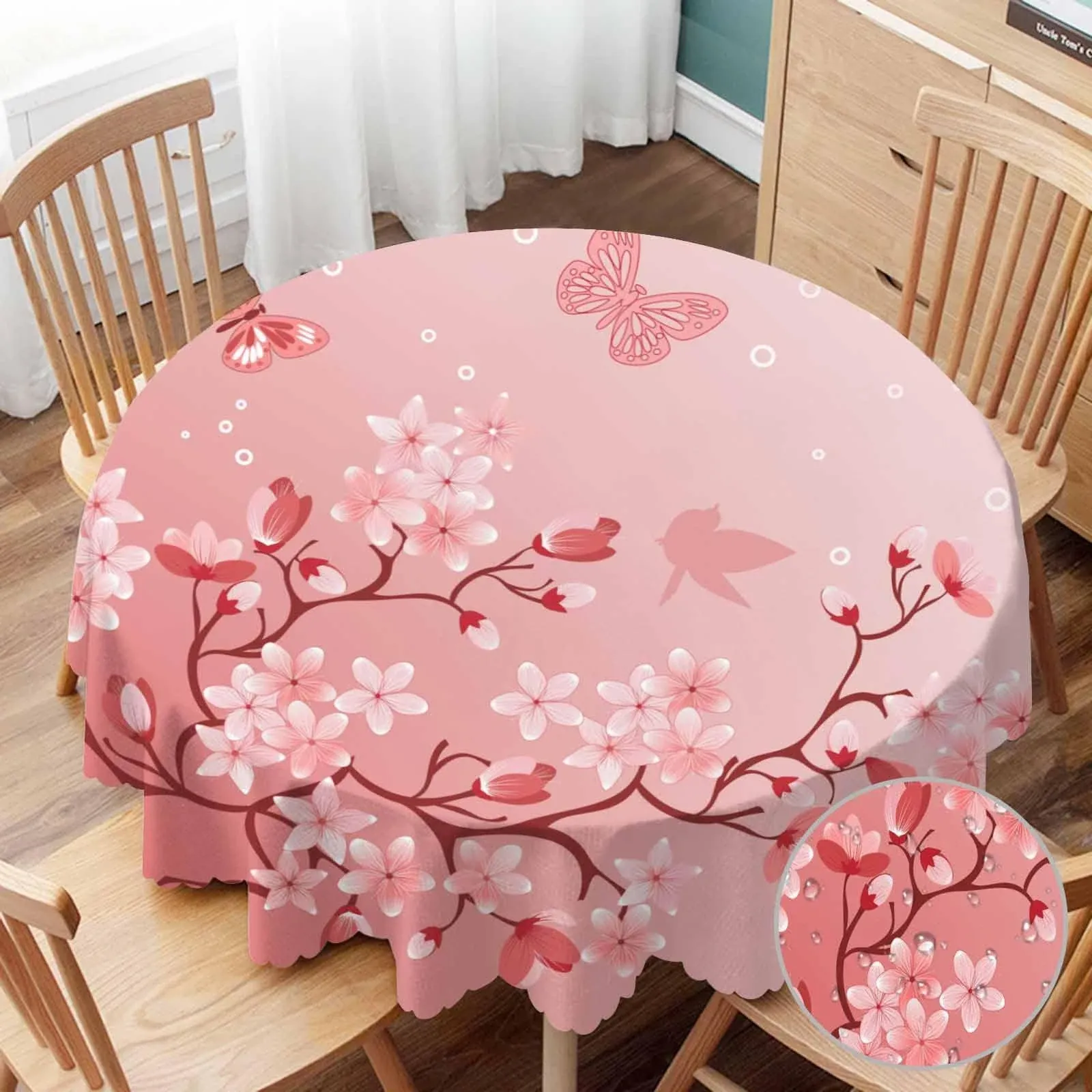 Tablecloth Round Cherry Blossom Table Cloth Japanese Pink Cherry Tree Nature ...