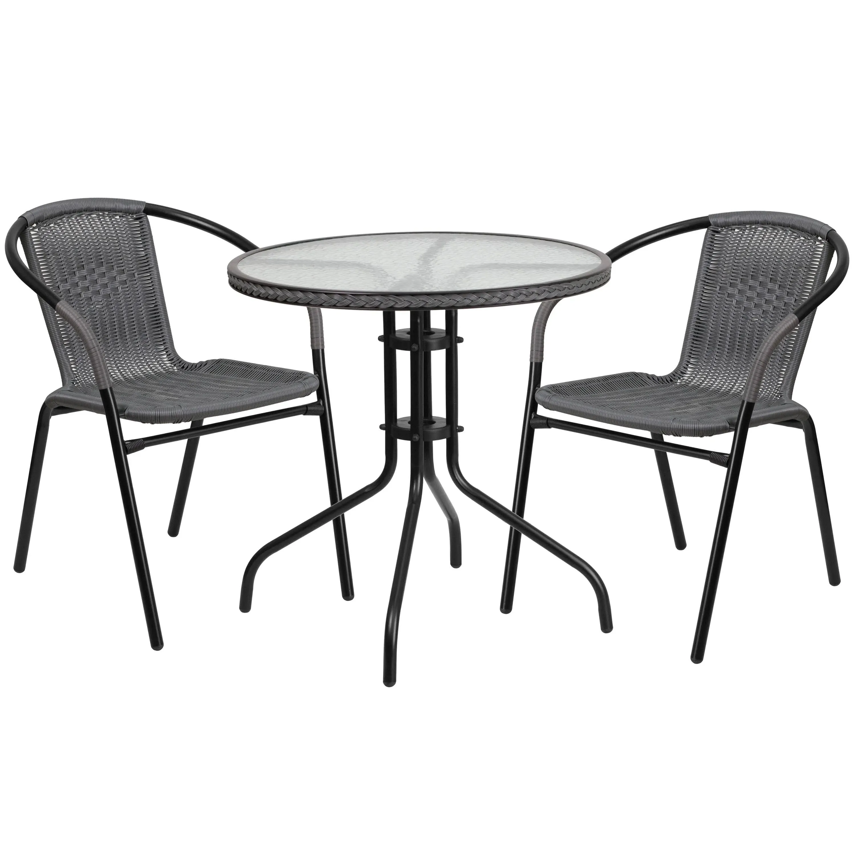 Flash Furniture 28'' Round Glass Metal Table with Gray Rattan Edging and 2 Gray Rattan Stack Chairs