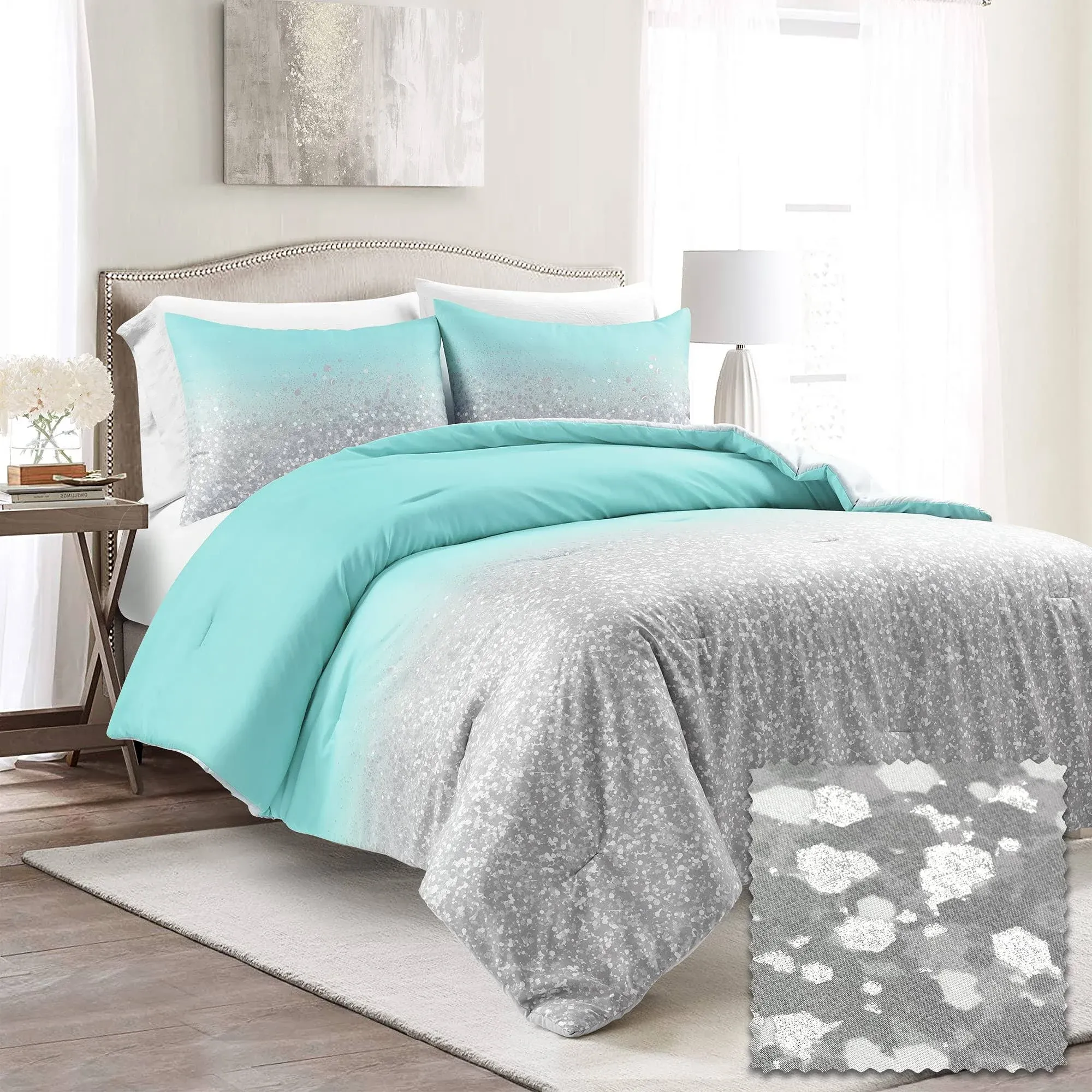 Lush Decor Glitter Ombre Metallic Print 5 Piece Quilt Set, Full/Queen, Aqua & Gray