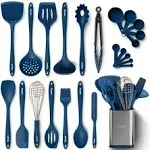 Silicone Kitchen Utensils Set & Holder: Cooking Utensils Set - Kitchen Essentials for New Home & 1st Apartment- Silicone Spatula Set, Cooking Spoons for Nonstick Cookware (Silicone, Blue)