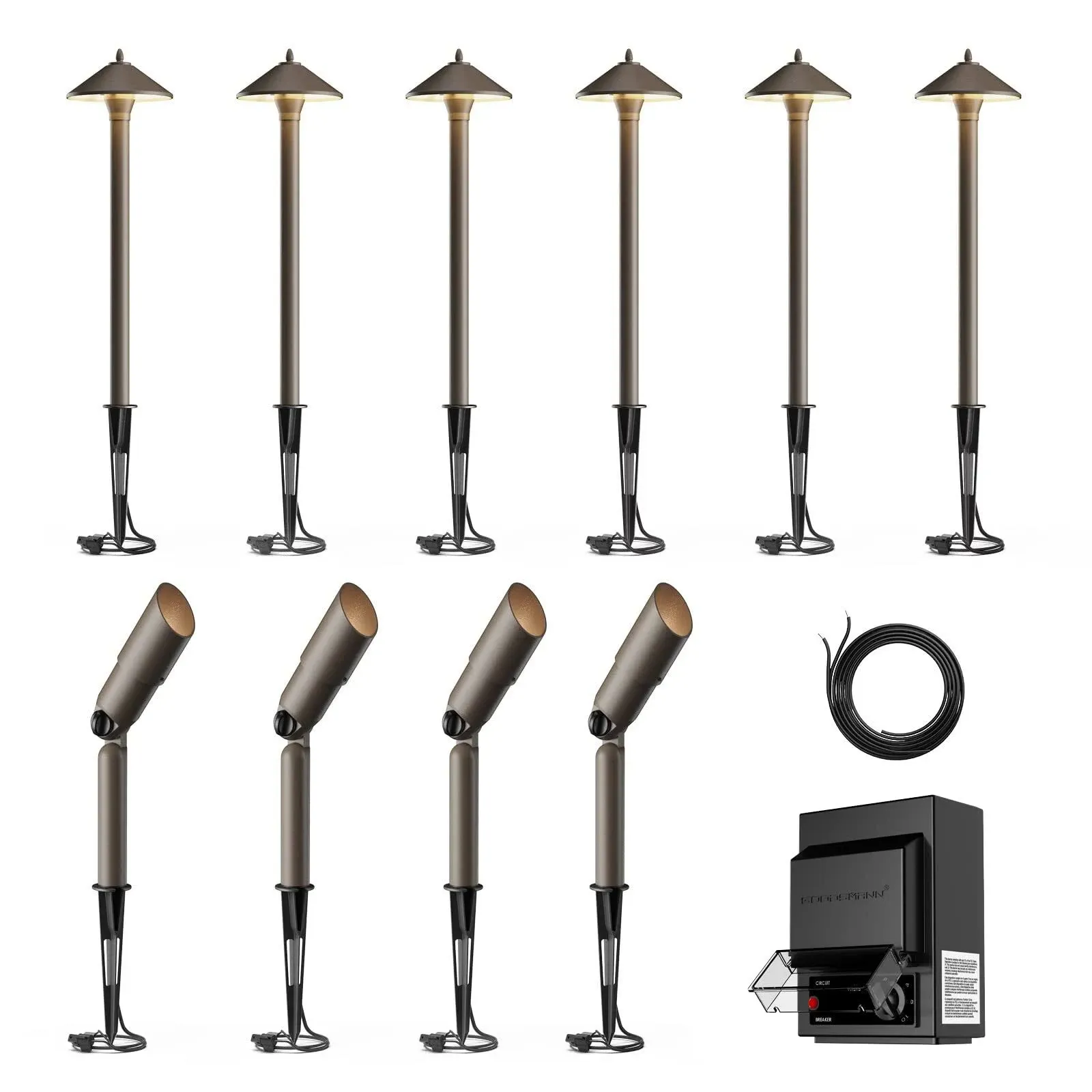 GOODSMANN 12V AC Halogen Landscape Lighting Kit with 150W Outdoor Low Voltage Transformer & 6PK 10W Weatherproof Pathway Lights & 4PK Metal 20W Flooding Lights/Spotlights & 75Feet 16AWG Wire