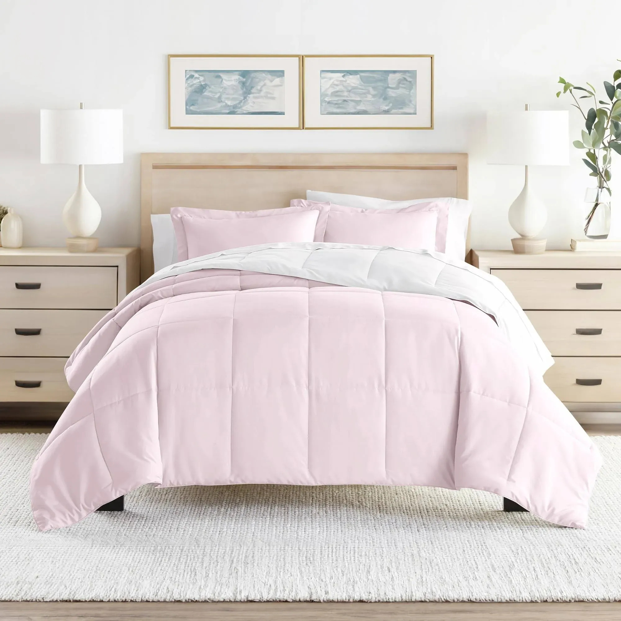 Merit Linens All-Season Down Alternative Lightweight Reversible Comforter Set - Blush - Full - Queen