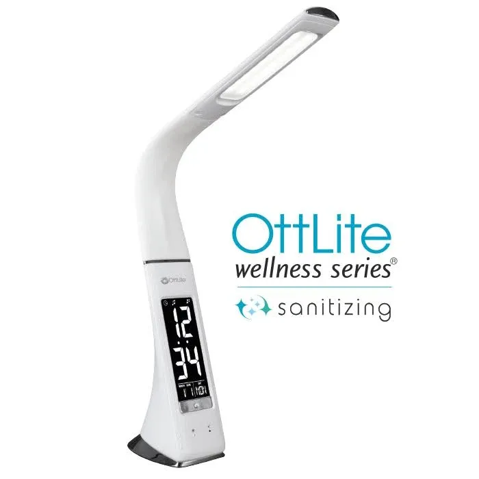 OttLite Desk Lamp with Clock and Wireless Charging Station – Adjustable Neck, Touch Controls, 3 Color Temperatures, ClearSun LED, Clock Display, for Work, Study, Reading, Crafting (White)