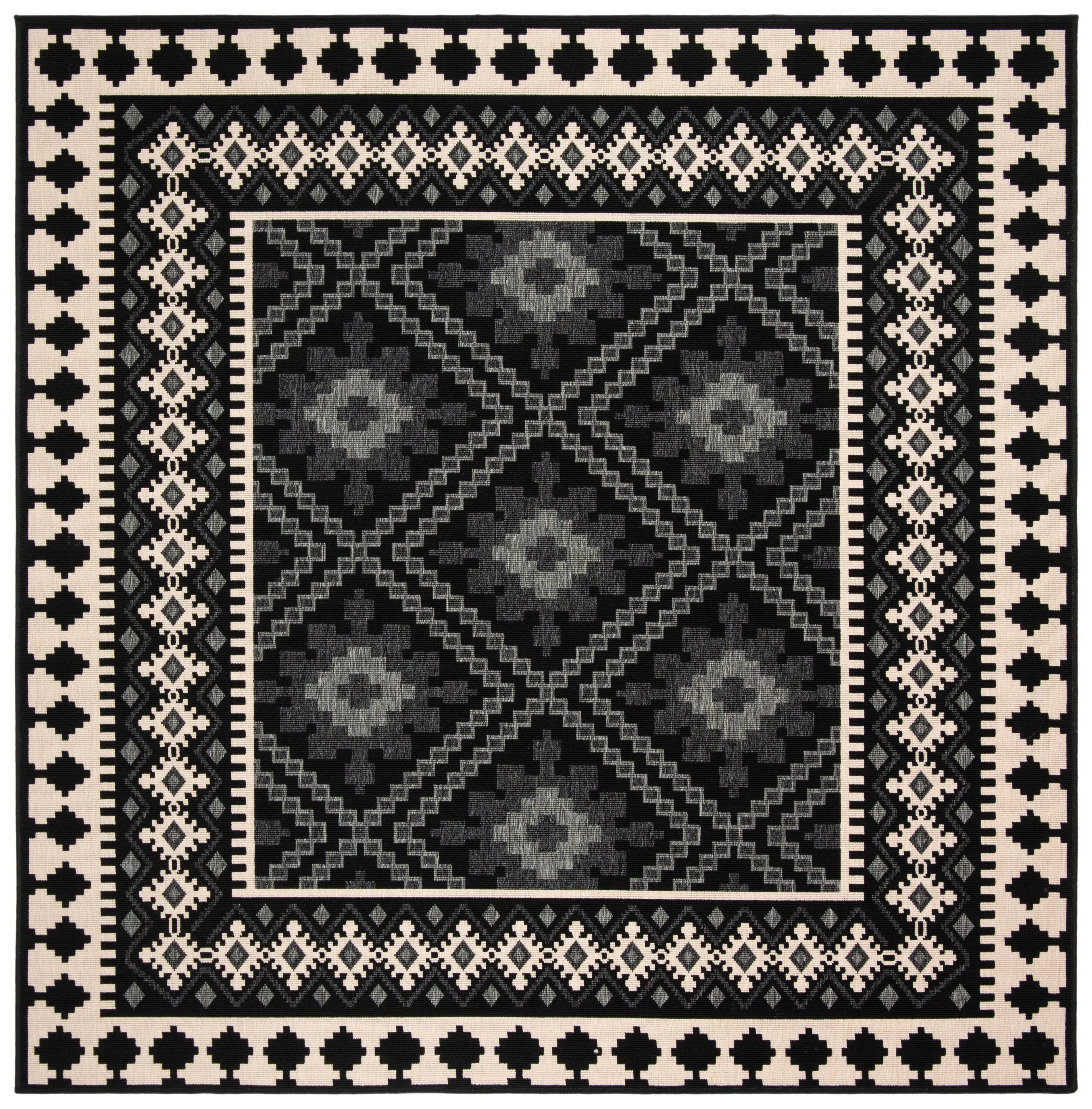 SAFAVIEH Veranda Collection 3' Square Black / Cream VER099 Boho Indoor/ Outside Non-Shedding Easy--cleansingPatio Backyard Porch Deck Mudroom Accent--Mat