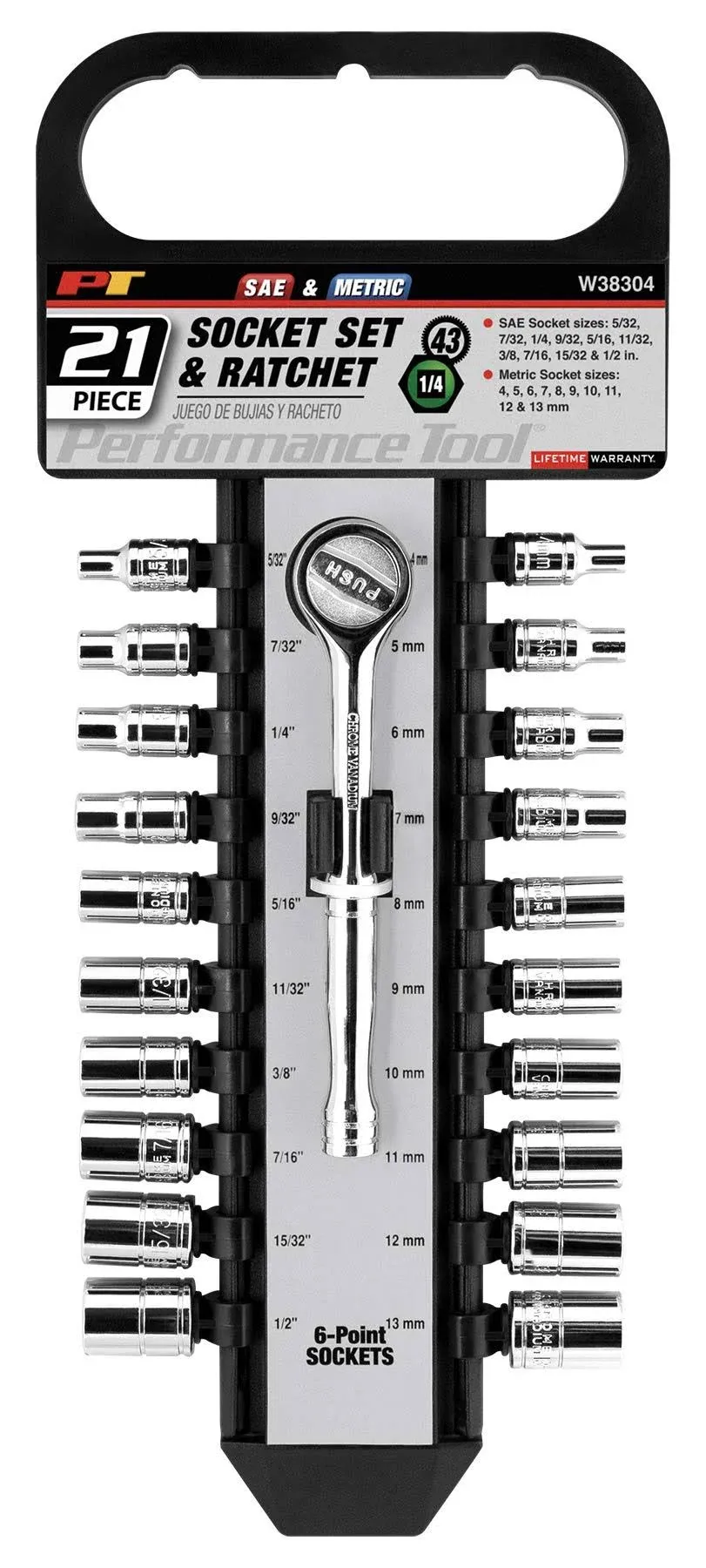 Performance Tool W38304 1/4" Drive Socket Set, 21-Piece