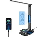 poukaran Desk Lamp, LED Desk Lamp with Wireless Charger, USB Charging Port, Table Lamp with Clock, Alarm, Date, Temperature, Office Lamp, Desk Lamps