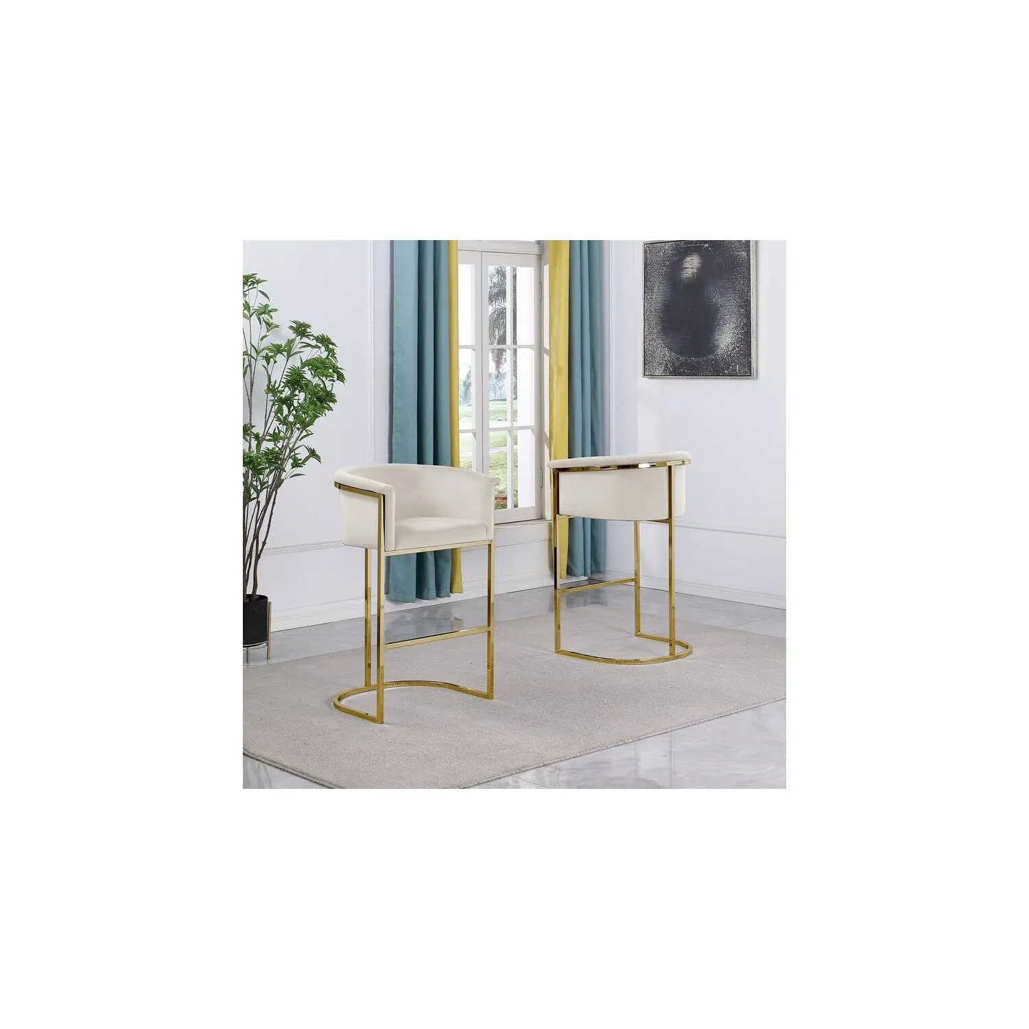 Cream White Duaine Leather Barstool Chair with Gold Metal Chrome Base