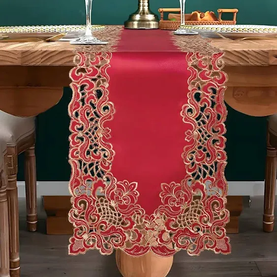 Decozen Gold Lace Burgundy Table Runner - Dresser Scarf European Embroidery ...