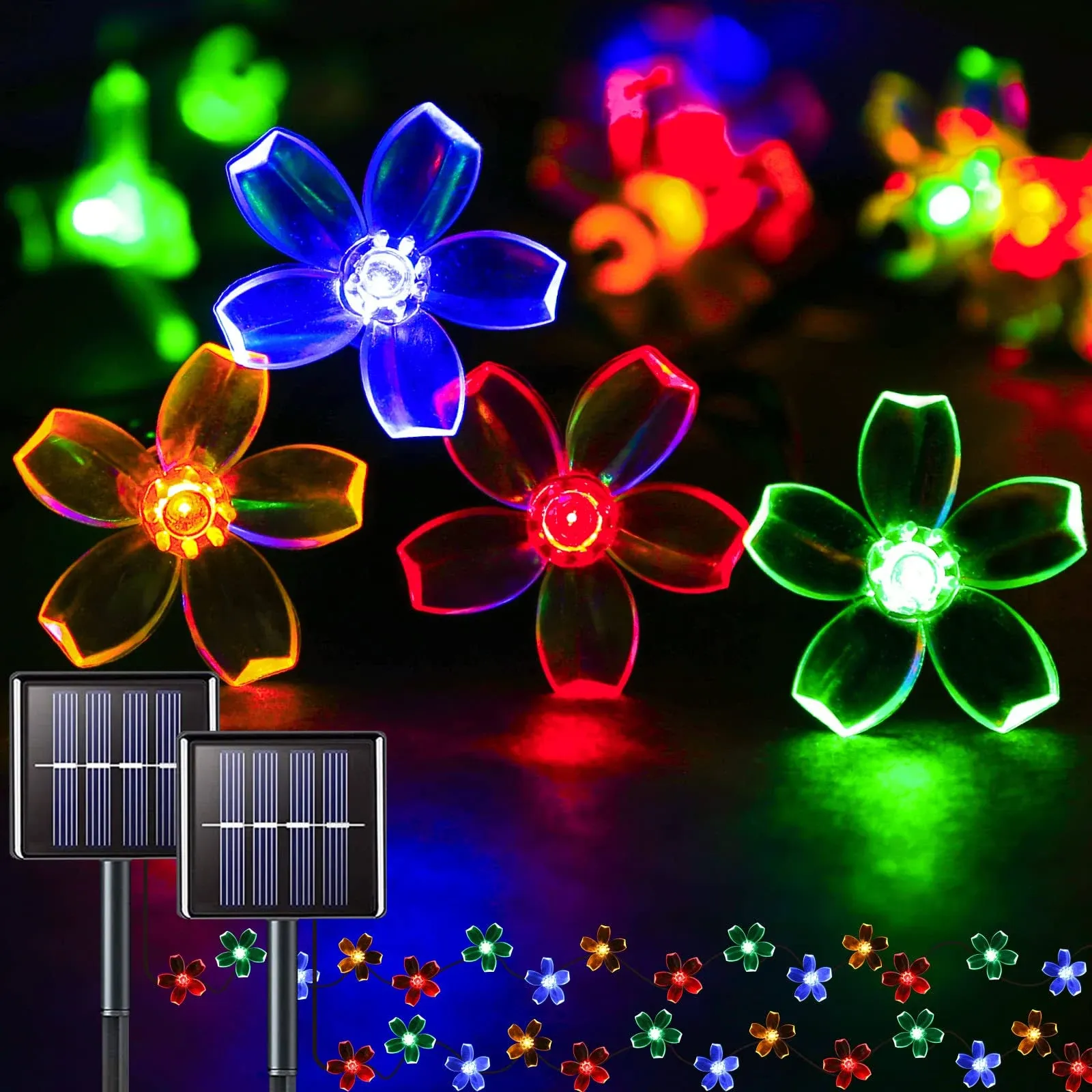 suddus Solar String Lights for Outside, 2 Pack 100 LED Flower Solar Powered Lights String, Solar Lights for Christmas Tree, Patio, Garden, Fence, Bush Decorations.