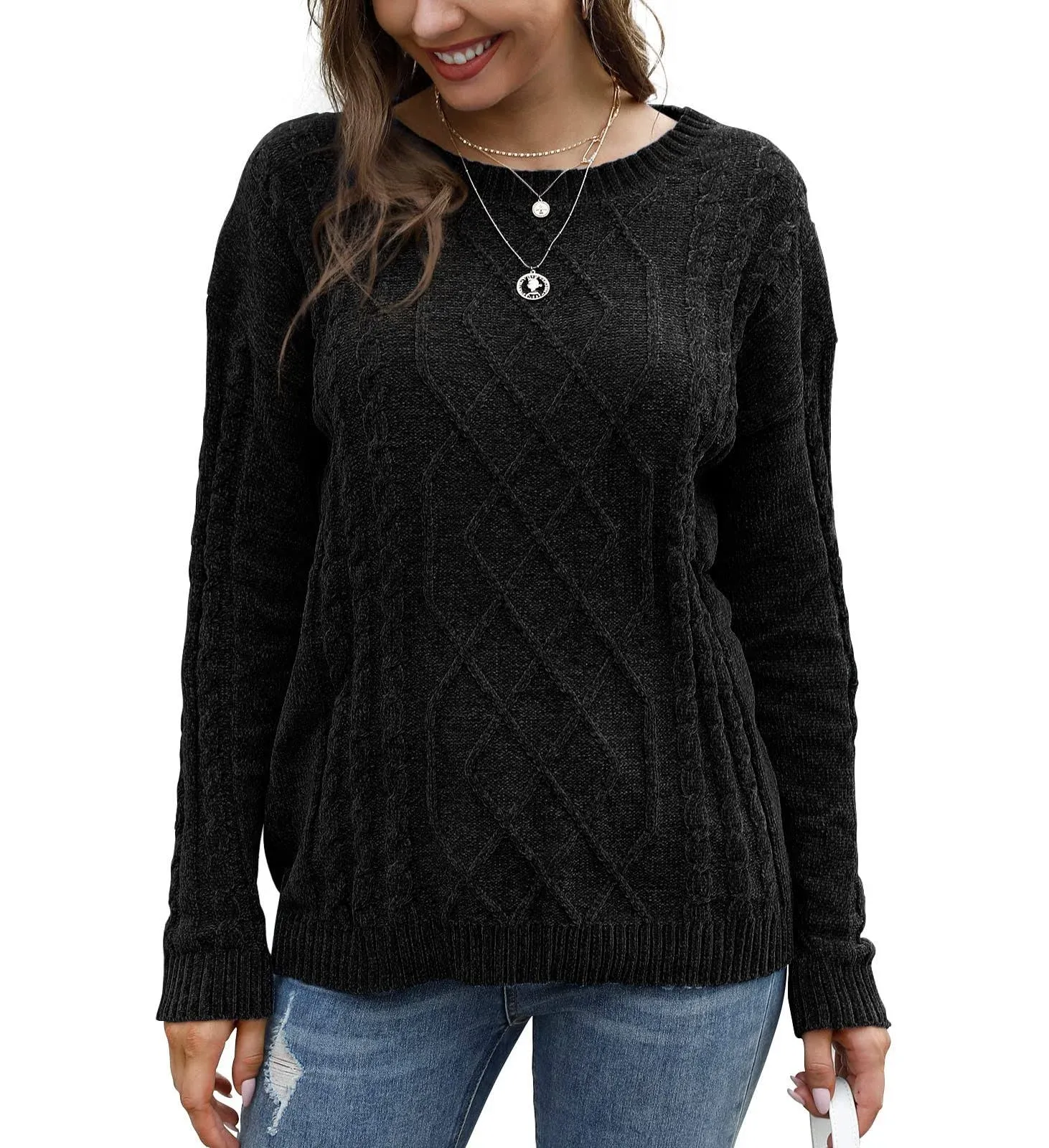 Feiersi Women&#039;s Pullover Sweaters Long Sleeve Cable Knit Casual Crewneck Sweater