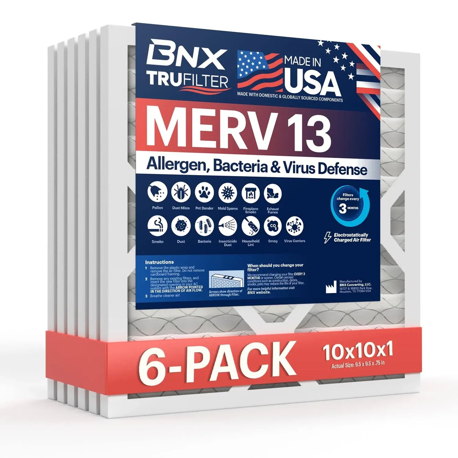 BNX TruFilter 10x10x1 Air Filter MERV 13 (6-pack) - Made in USA - Electrostatic Pleated Air Conditioner HVAC AC Furnace Filters