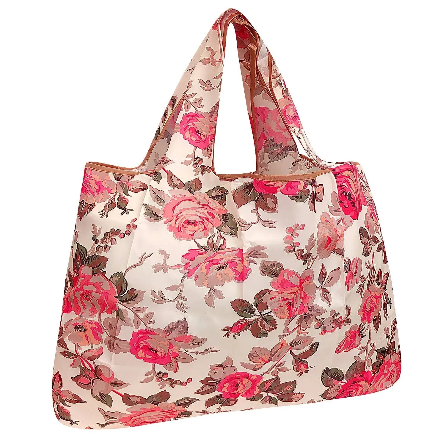 Wrapables Large Foldable Tote Nylon Reusable Grocery Bag, Pink & Khaki Roses