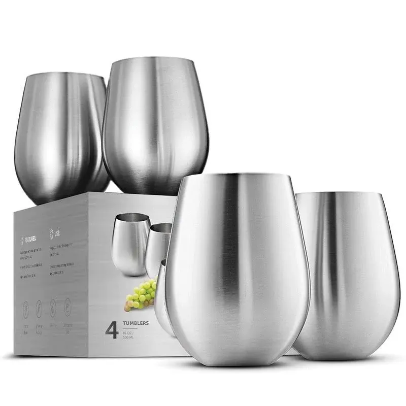 Finedine Stainless Steel Shatter Proof 4 Tumblers Wine Glasses 18oz.