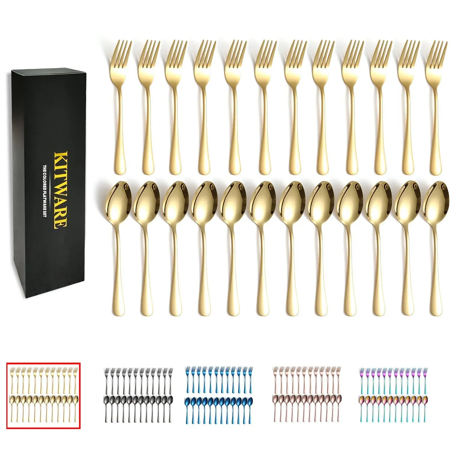 24 Pieces Gold Forks and Spoons Flatware Set for 12, KITWARE Stainless Steel Sil