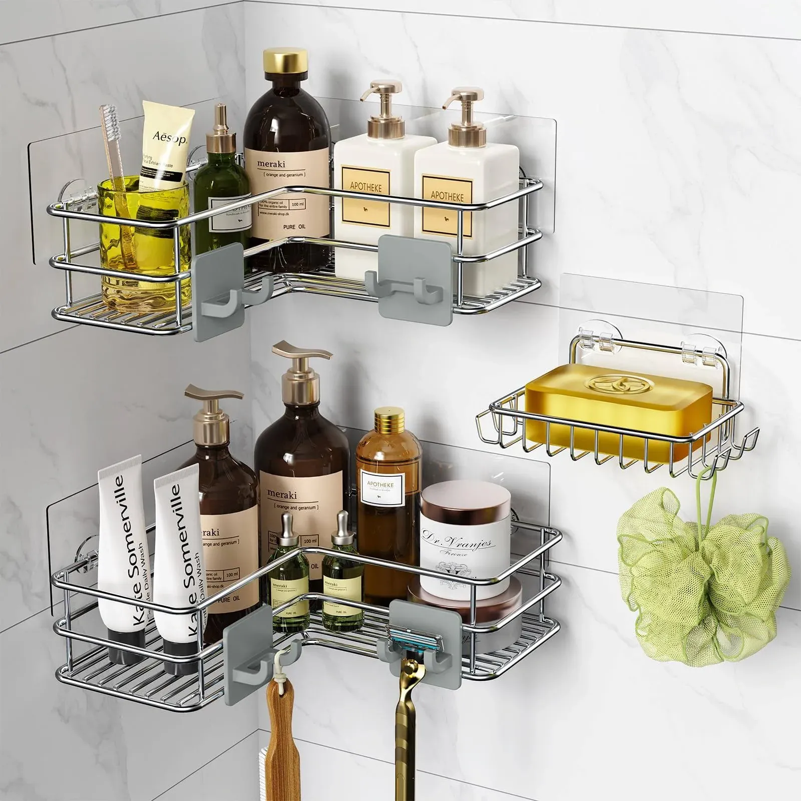 Nieifi Corner Shower Caddy Shelf Basket and Bar Soap Holder with 8 Hooks ...