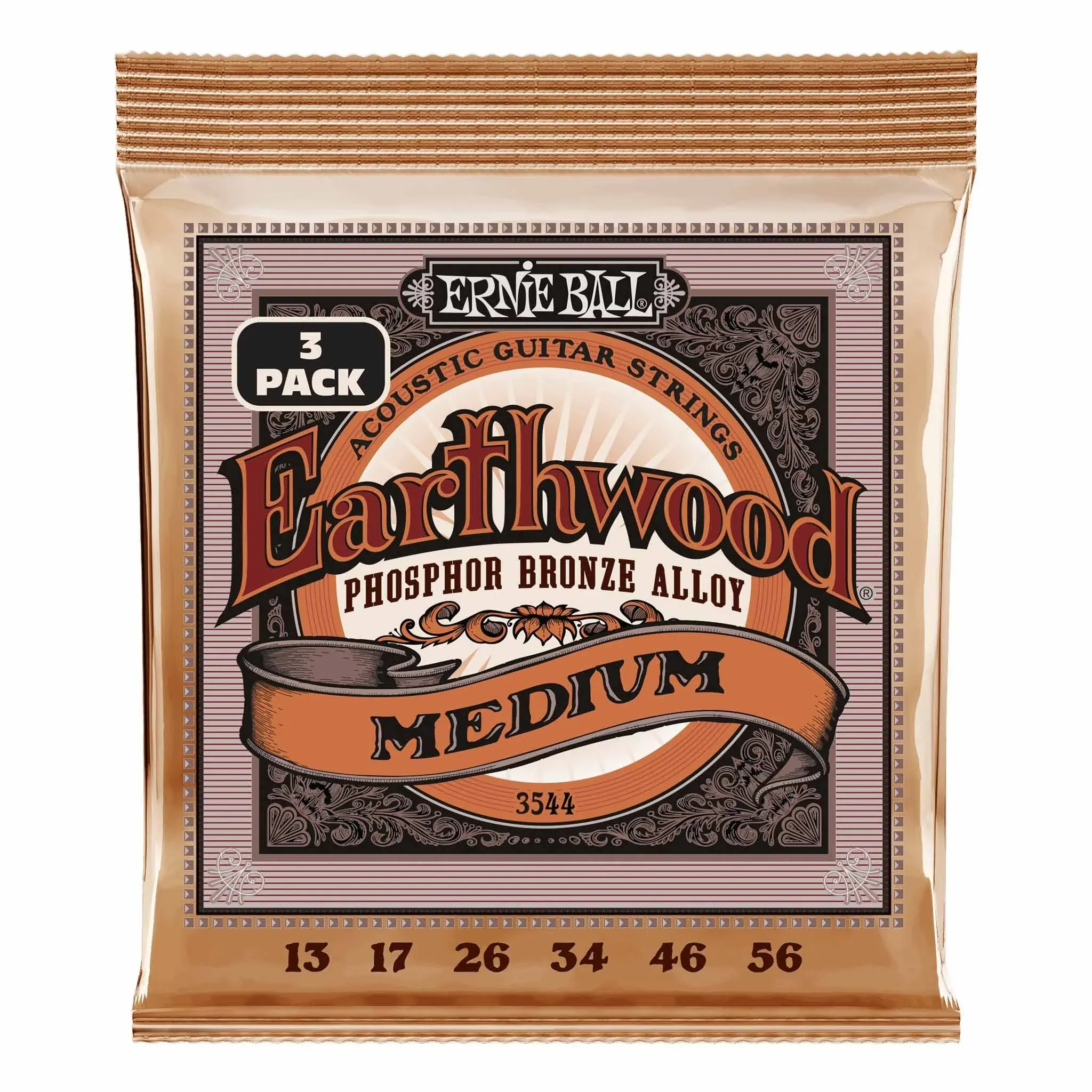 Ernie Ball 3545 Earthwood Custom Light Phosphor Bronze Acoustic Guitar Strings 3-Pack, 11.5-54