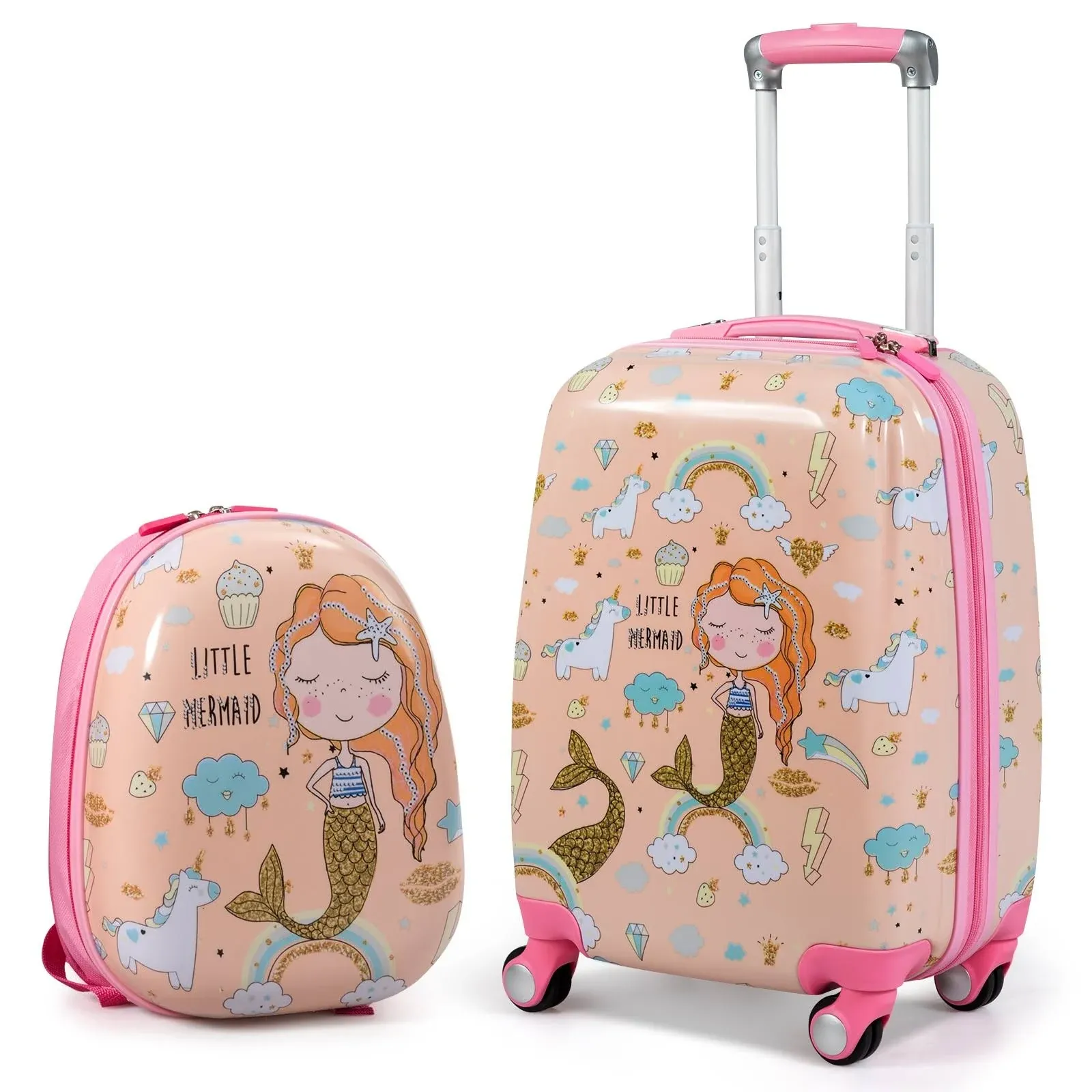 Costway 2PC Kids Luggage Set 18'' Rolling Suitcase &  12'' Backpack Travel ABS Mermaid