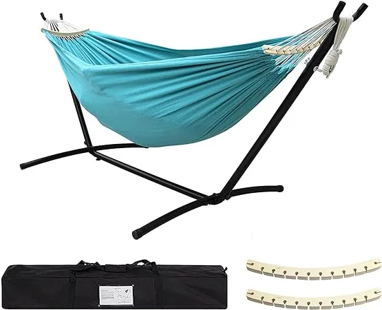 SZHLUX Double Hammock with Stand Included 450lb Capacity Steel Stand, Premium Carry Bag Included.Indoor Outdoor Brazilian-Style Cotton Bed for