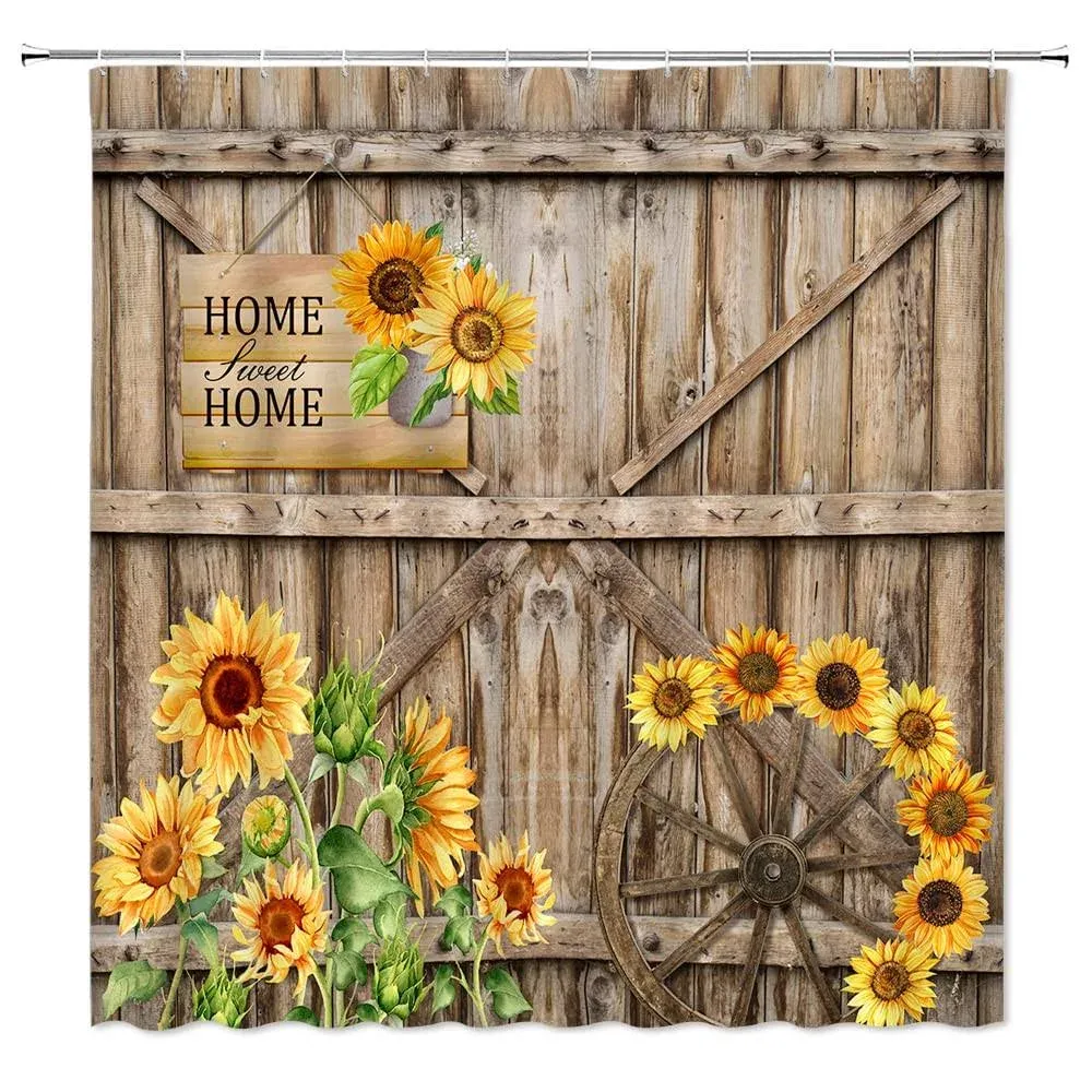 WOZAWA Rustic Sunflower Shower Curtain Farmhouse Vintage Wooden Old Barn Door ...