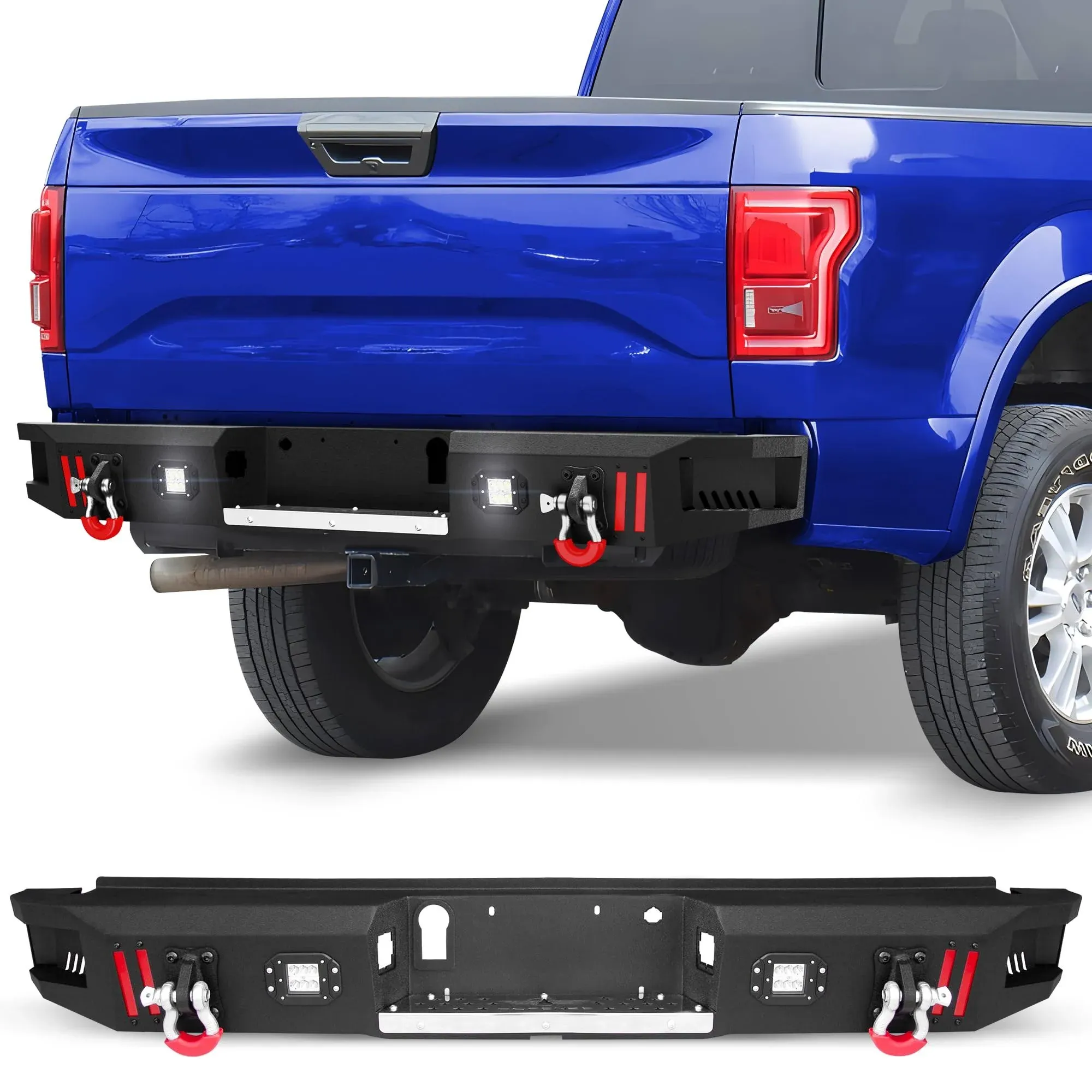 F150 Rear Bumper w/D-rings, LED Lights, Sensor Holes, Stainless Steel Step Plate, Back Bumper for Ford F150 2015 2016 2017 2018 2019 2020 2021 2022 2023 (Excluding Raptor and Ecoboost)