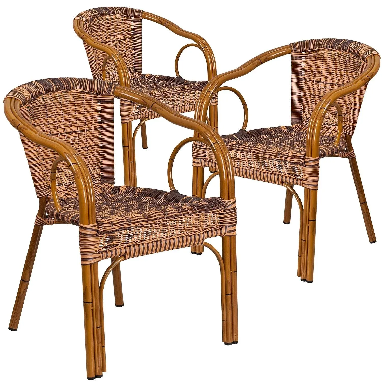 Cadiz Series Burning Brown Rattan Restaurant Patio Chair with Dark Red Bamboo-Aluminum Frame