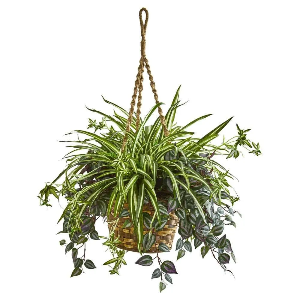 Nearly Natural 30" Wandering Jew & Spider Artificial Plant in Hanging Basket