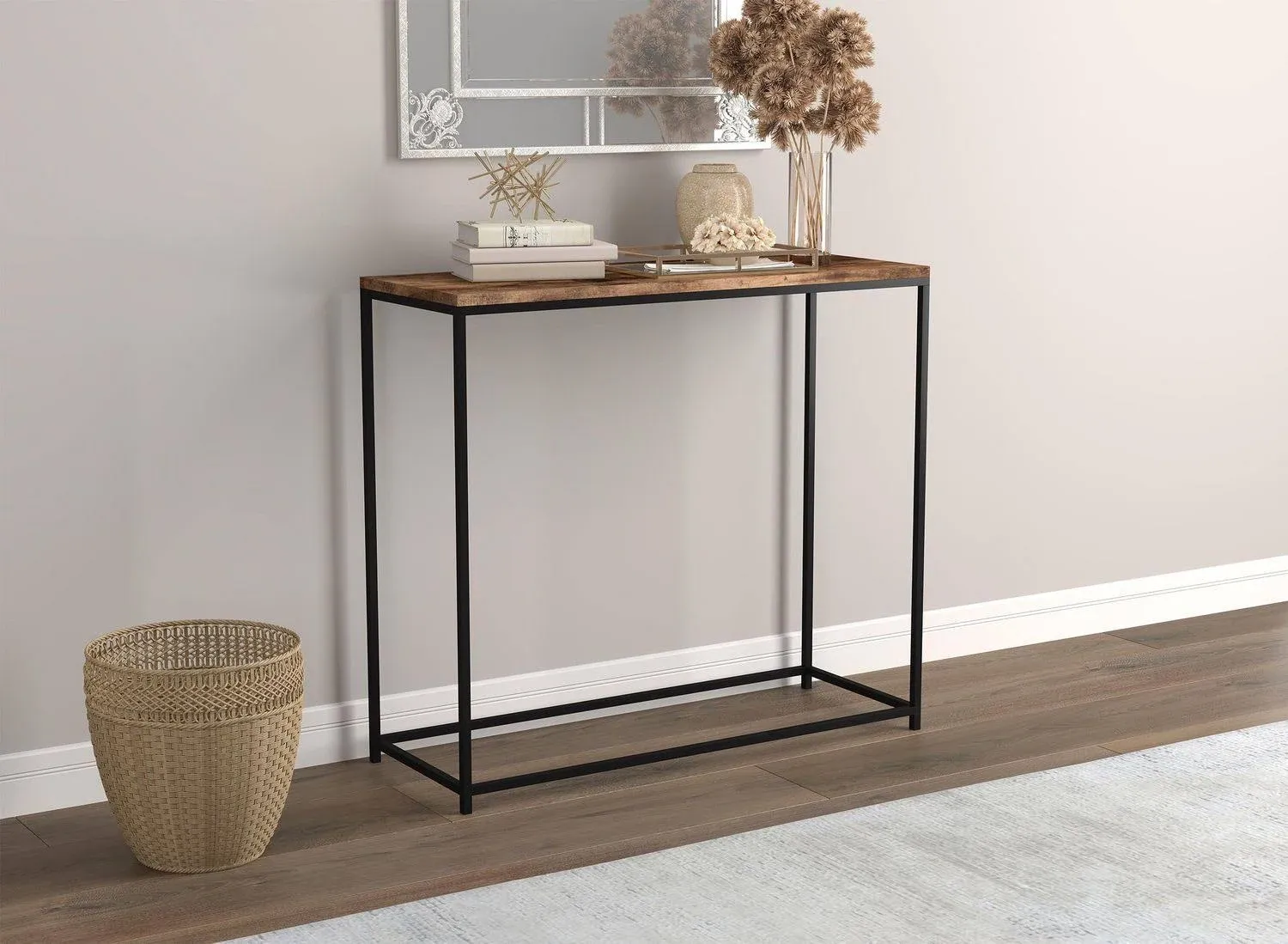 Safdie & Co 31"L Black Metal Console Table in Brown Reclaimed Wood