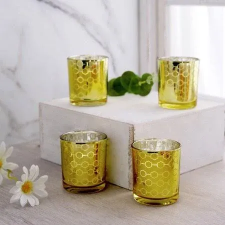 6 Pack - Mercury Glass Votive Candle Holders Honeycomb Design Tealight Holders