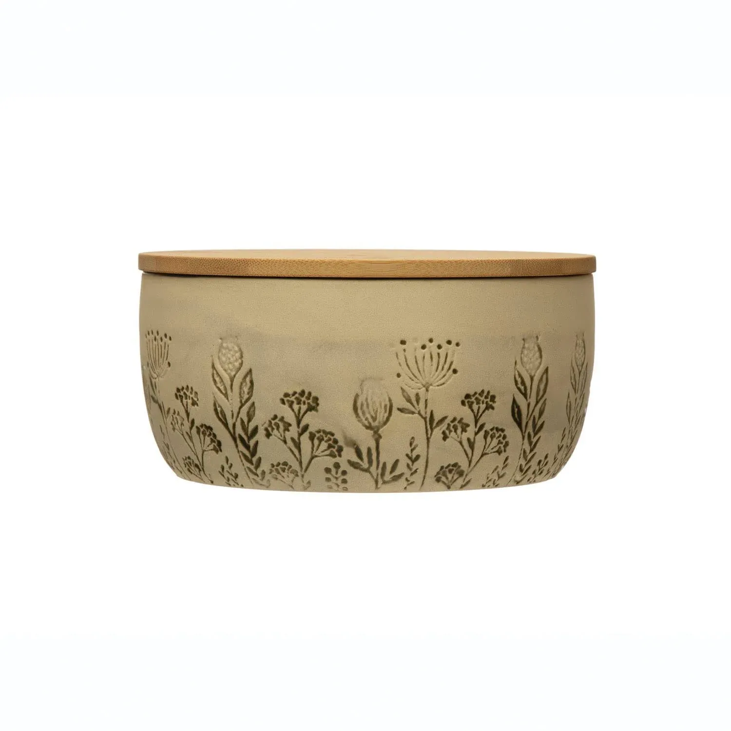 Creative Co-Op Stoneware Canister with Bamboo Lid and Debossed Floral Pattern, Reactive Glaze