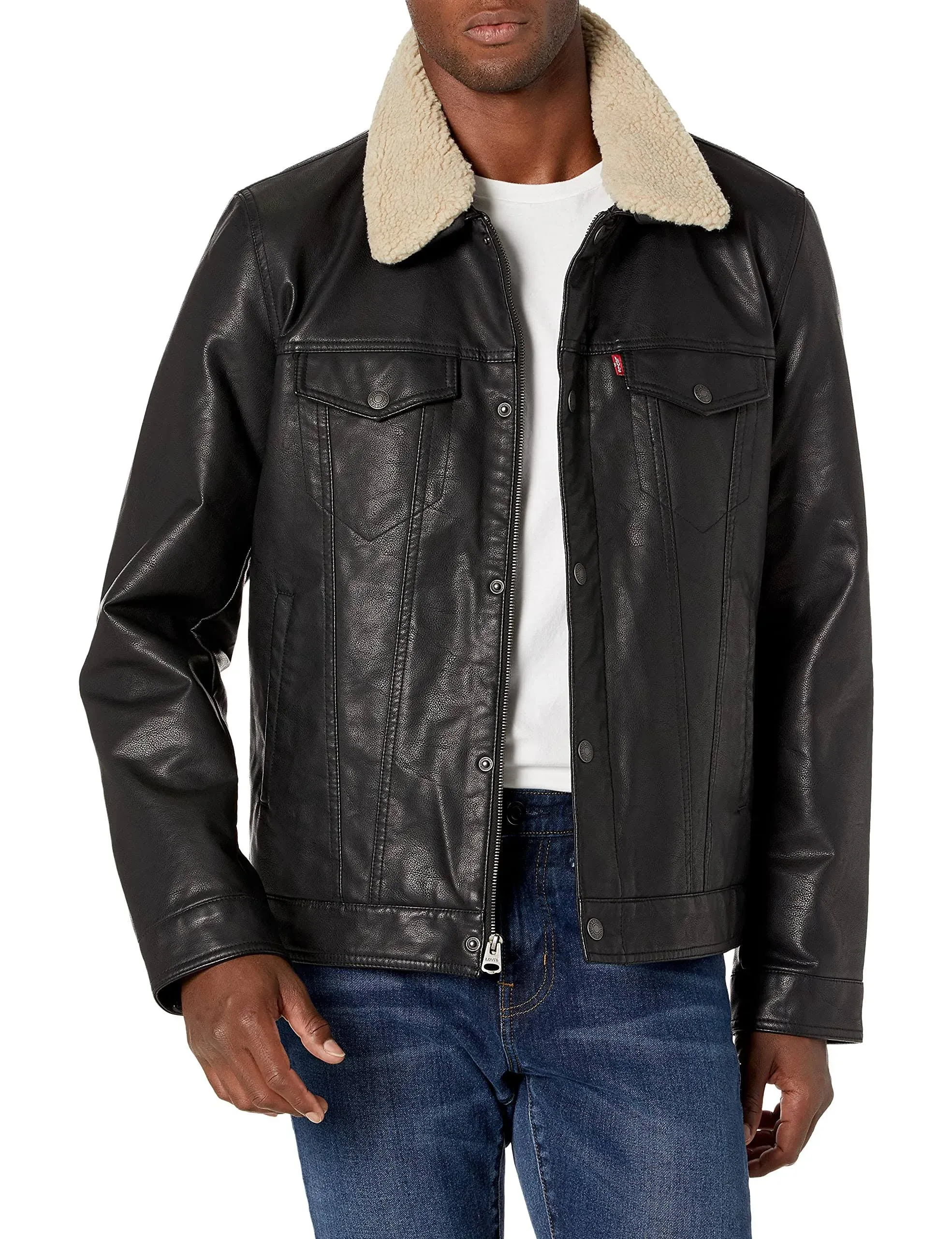 Levi&#039;s Men&#039;s Faux Leather Sherpa Lined Trucker Jacket