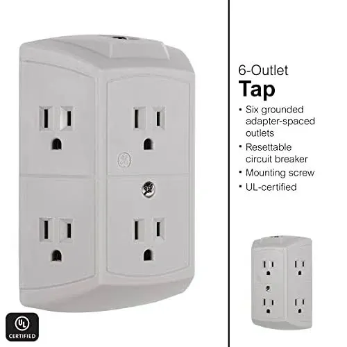 GE 6-Outlet Wall Tap with Resettable Circuit Breaker 2 Pack Gray 48778