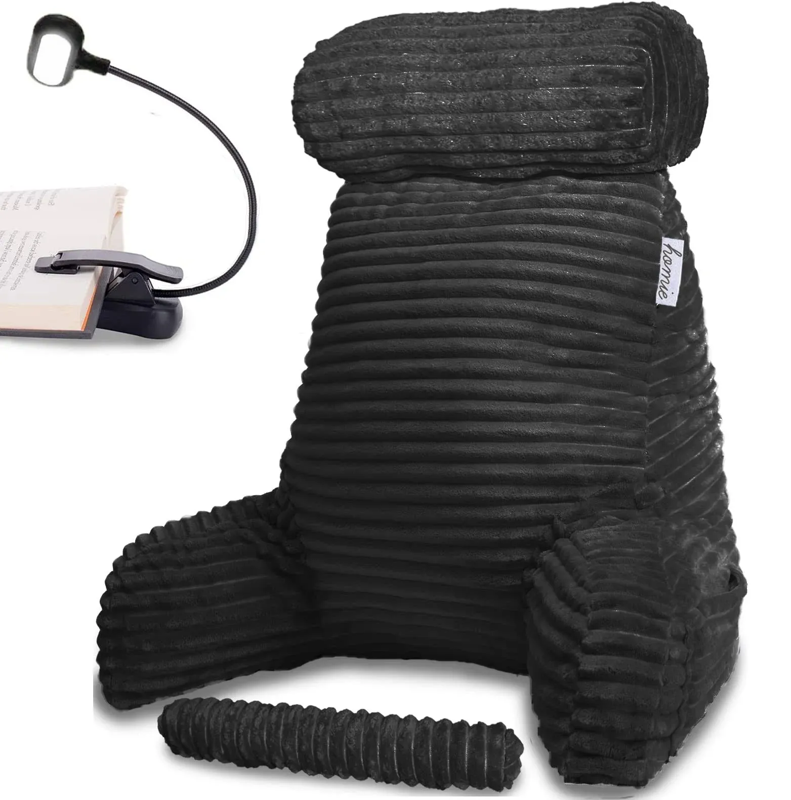 Homie Reading Pillow with Reading Light and Wrist Support, Has Arm Rests, and Back Support for Bed Rest, Lounging, Reading, Working on Laptop, Watching TV (Large, Black)