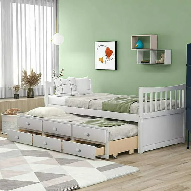 Churanty Twin Captain's Bed Storage Daybed with Trundle and Drawers,White Bed Frame Twin with Trundle for Kids Teens and Adults,White