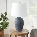 23&#034; Vintage Distressed Ceramic Pot Table Lamp with White Tapered Drum Shade