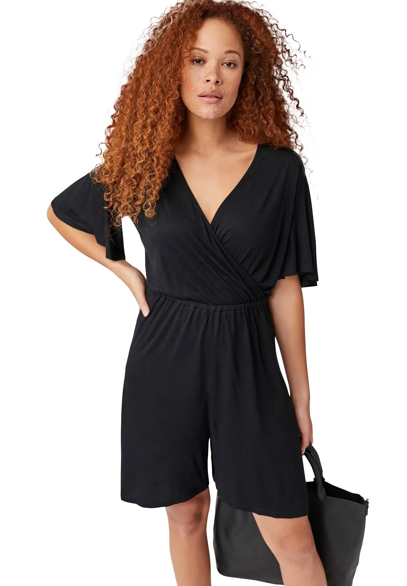 ellos Women's Plus Size Flutter Sleeve Surplice Romper