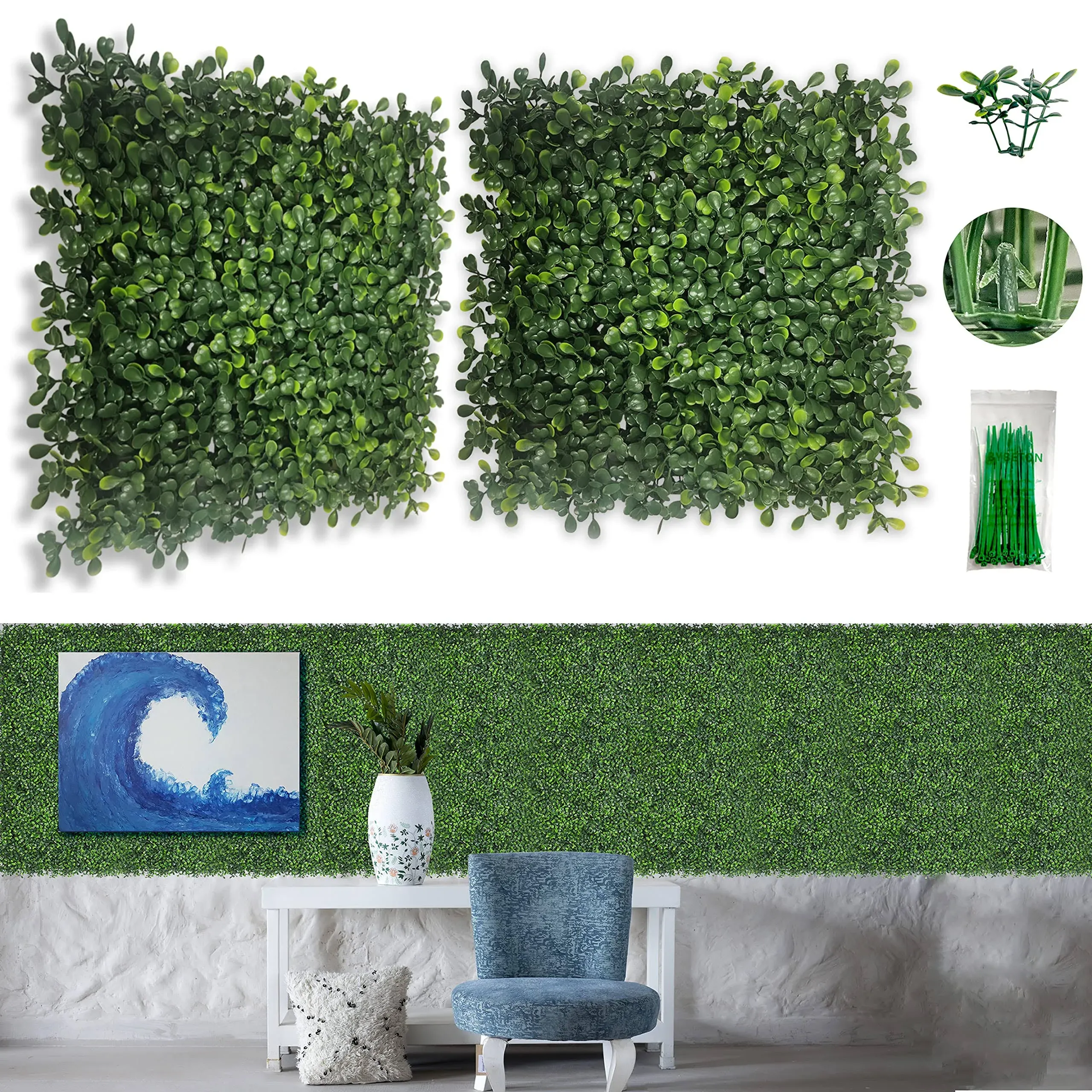  Artificial Wall Panel,10&#034;x 10&#034;(24Pcs) Boxwood Faux Grass 10*10IN 24Pcs Green