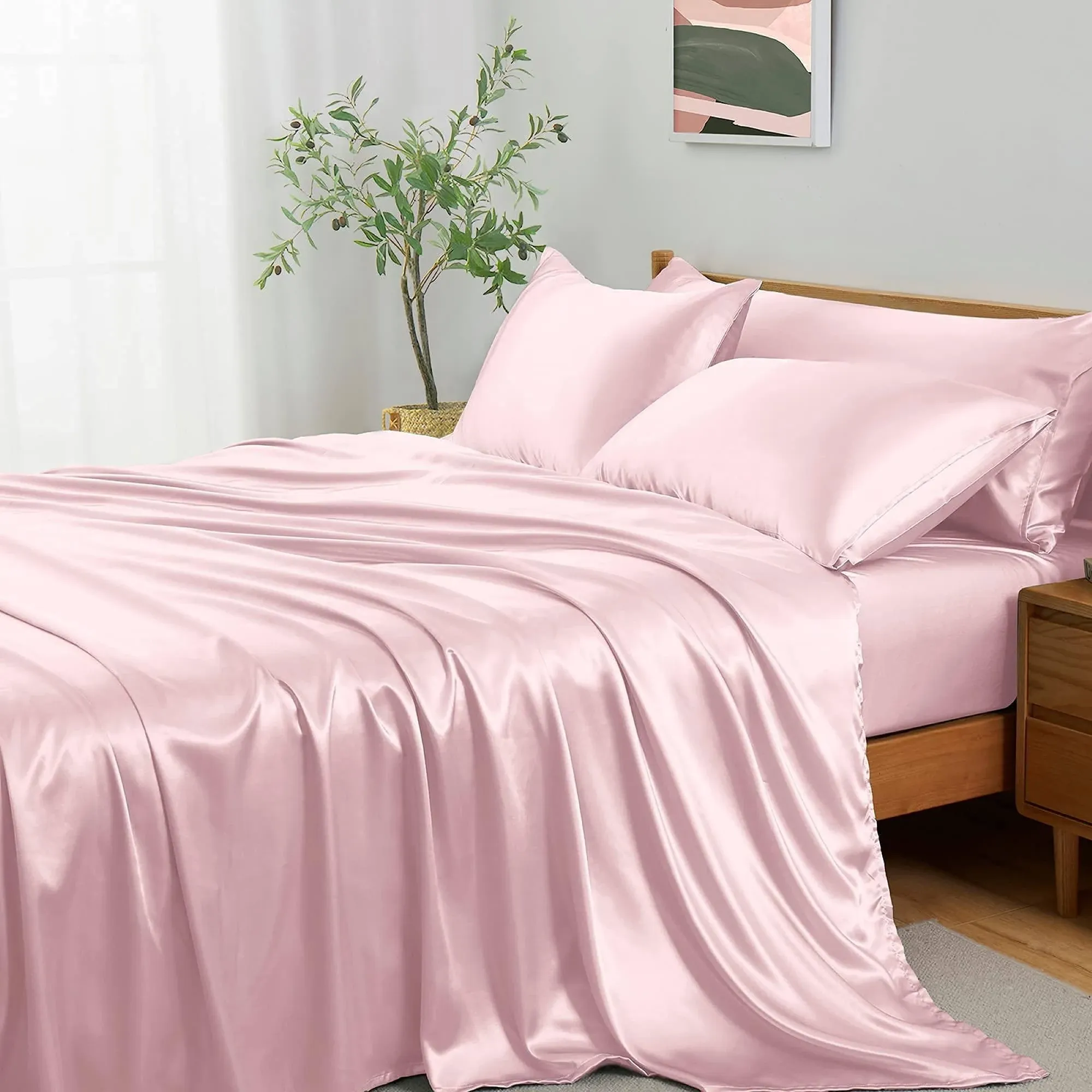 Entisn 5Pcs Silky Satin Sheets Set, Queen Size Satin Bed Sheets Set, Blush Pink Luxury Bedding Sets, Breathable & Ultra Soft Sheets Set Includes 1 Fitted Sheet, 1 Flat Sheet, 3 Pillowcases