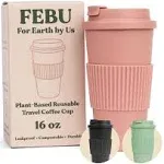 FEBU Plant-Based Reusable Coffee Cup with Lid and Sleeve | 16oz, Dusty Rose ...