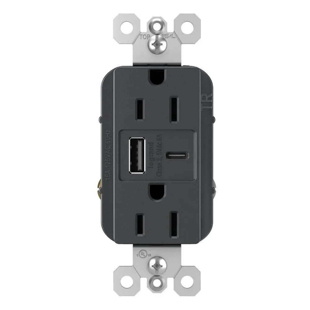 Legrand radiant R26USBCC6W 15 Amp Tamper-Resistant Decorator Duplex Receptacle Outlet with Ultra Fast USB C/C 6.0A Charging Ports, White (1 Count)