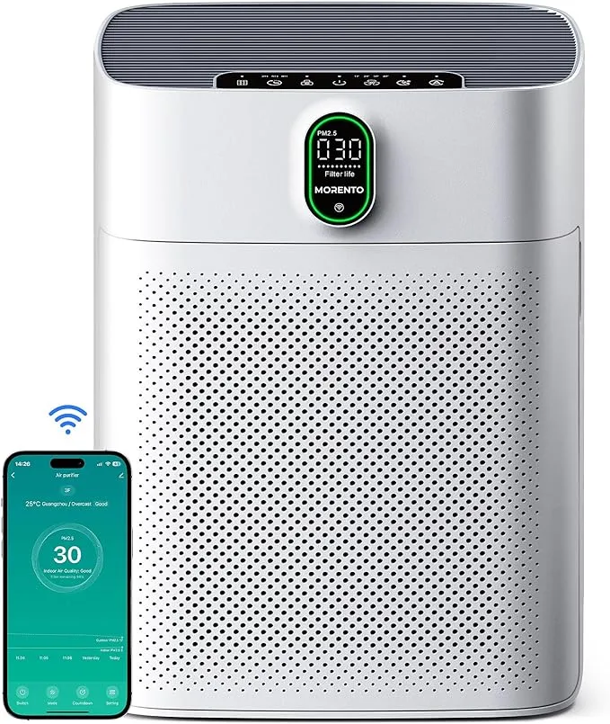 Snapklik.com : MORENTO Smart Air Purifier for Home Large Rooms Up to 1076 ft2, Wi-Fi and Alexa Compatible, PM25 Air Quality Display, Auto Mode, Quiet