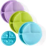 WeeSprout Suction Plates for Babies & Toddlers 100% Silicone Divided Design - with Lids, 3 Pack